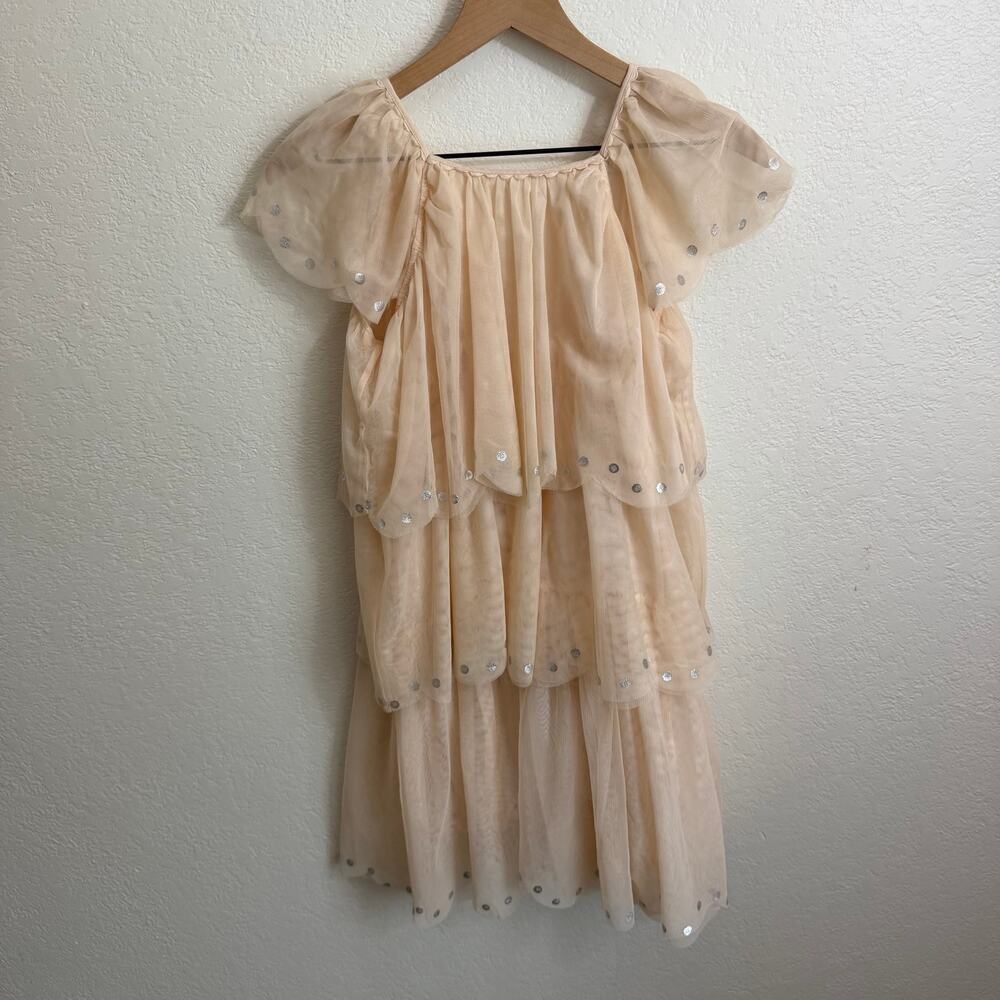 Stella McCartney Girls' Scalloped Trim Tiered Lined Tulle Dress Blush Beige 14Y